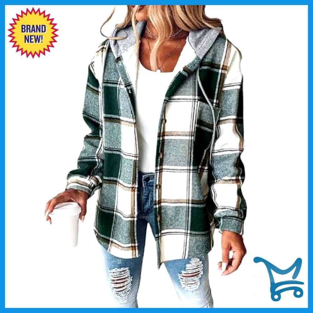 Lightweight Fleece Lined Hooded Shacket Plaid Oversized Casual Chic Jacket